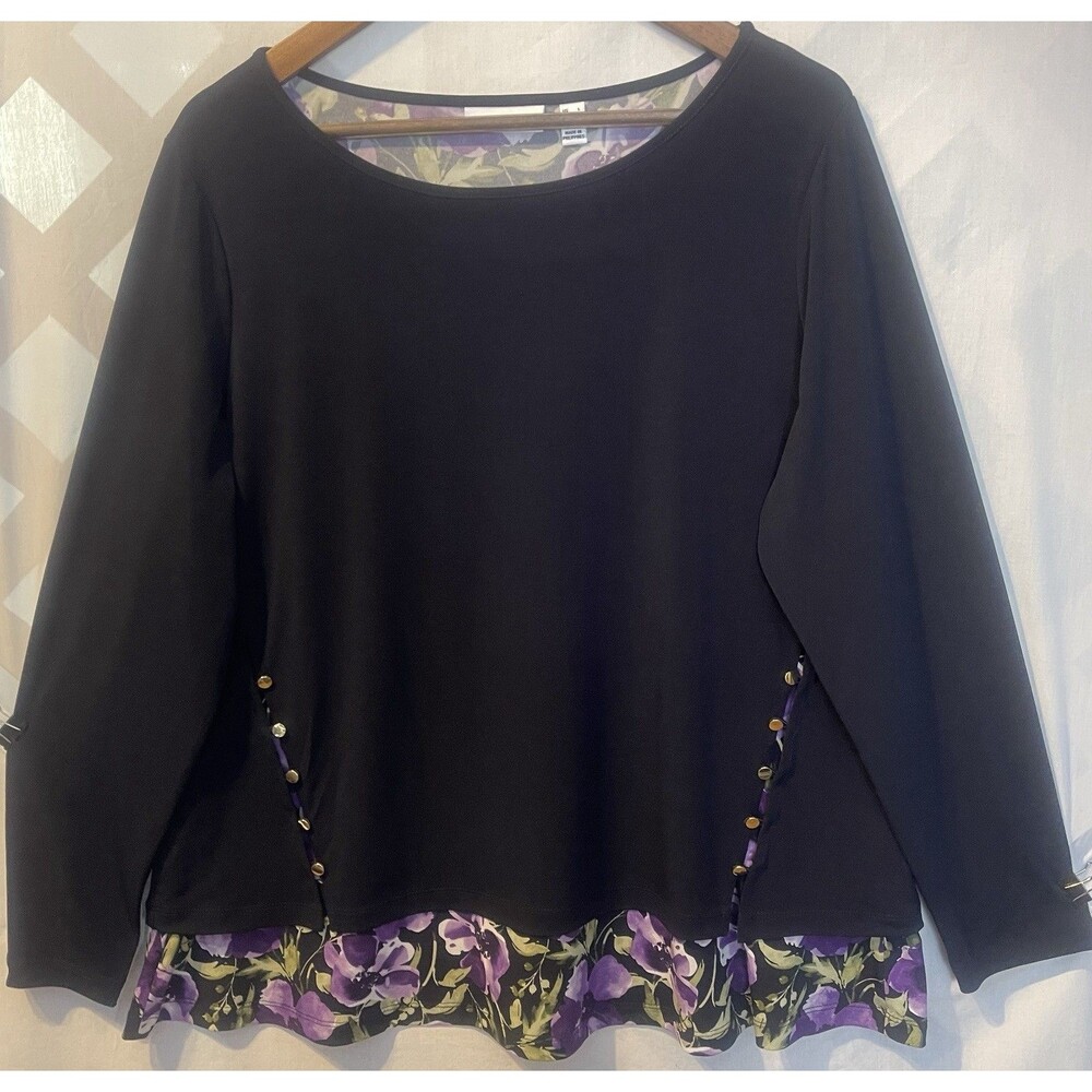 SUSAN GRAVER Black Layered over Purple Flowers Gold Buttons Liquid Knit Tunic L